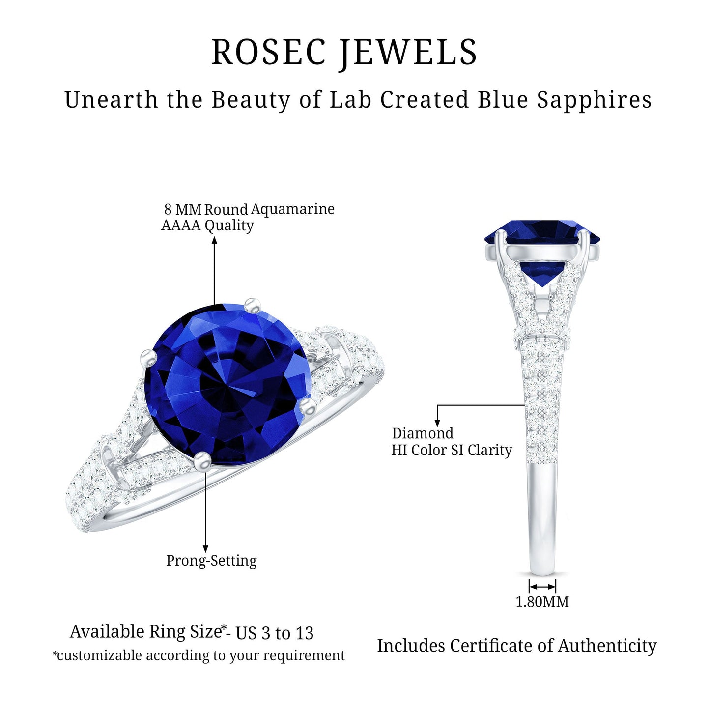 Certified 2.7 Carat Lab Grown Blue Sapphire Engagement Ring with Diamond Split Shank