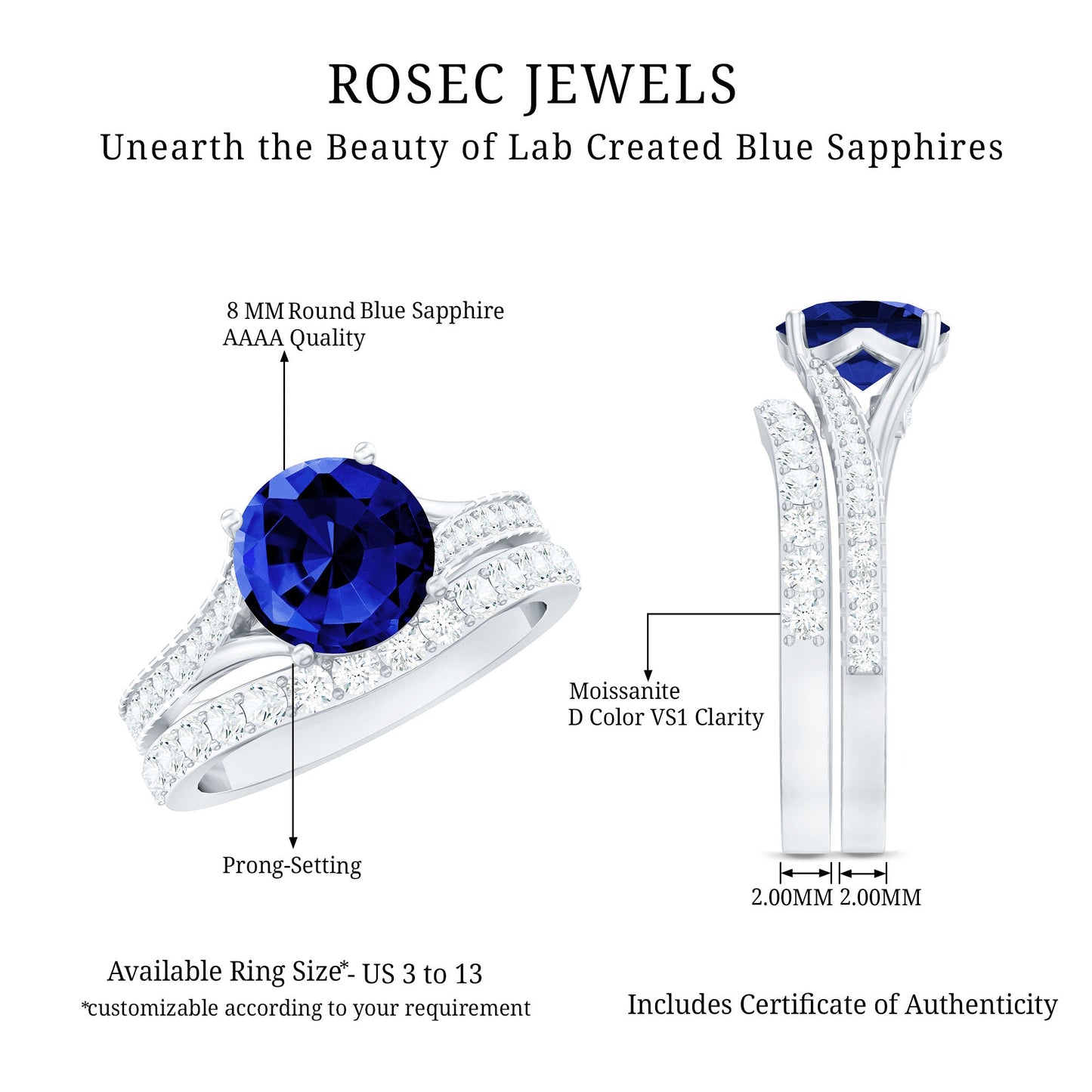 Certified 2.7 Carat Lab Grown Blue Sapphire Engagement Wedding Ring Set with Moissanite