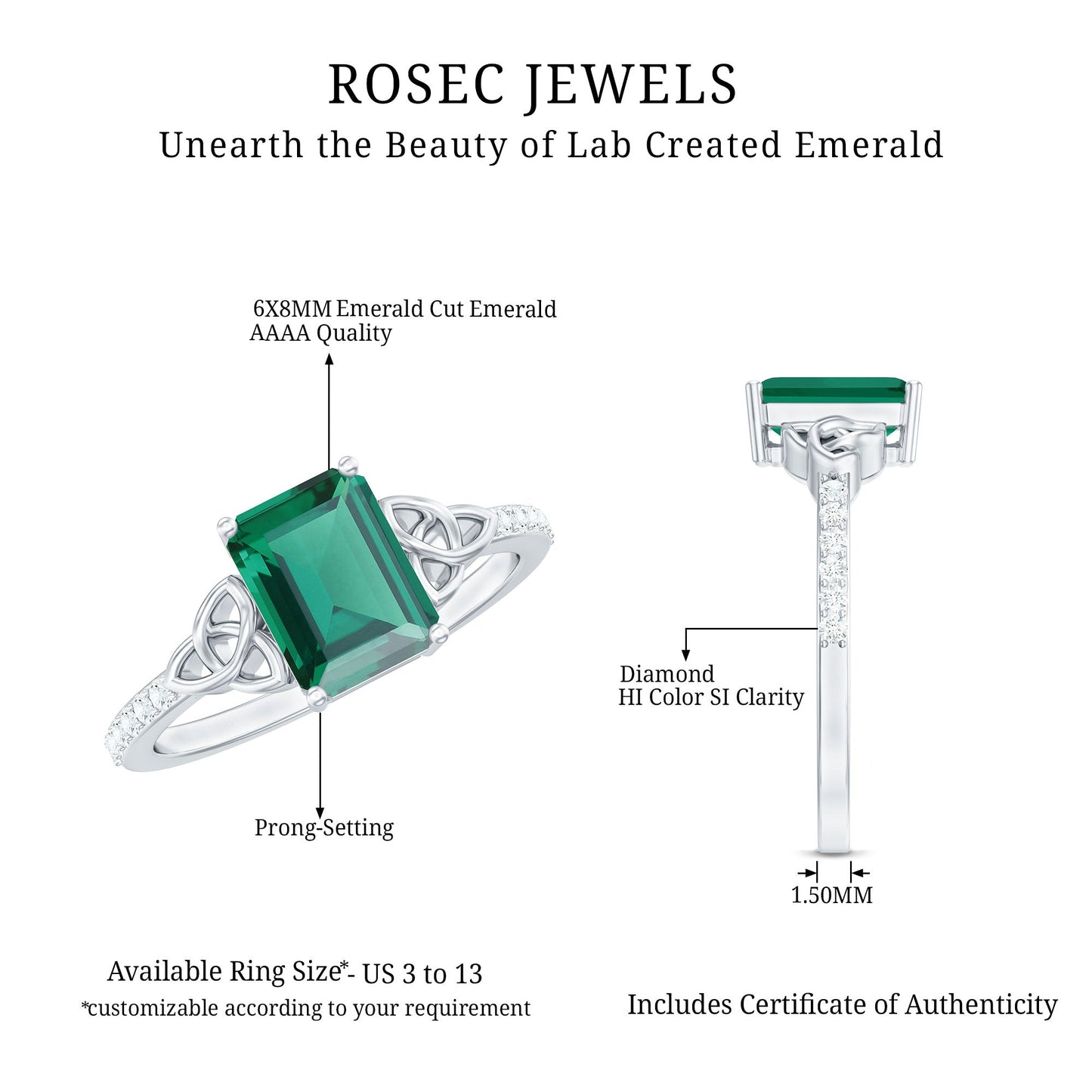 Solitaire Lab Created Emerald Celtic Engagement Ring with Diamond
