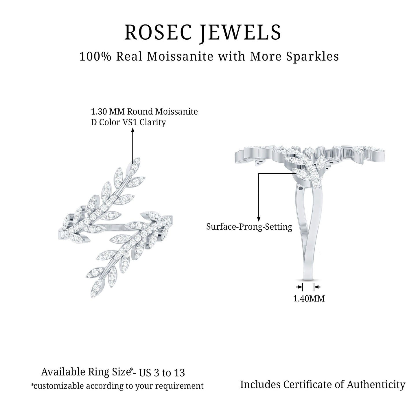 Certified Moissanite Leaf Wrap Ring for Women