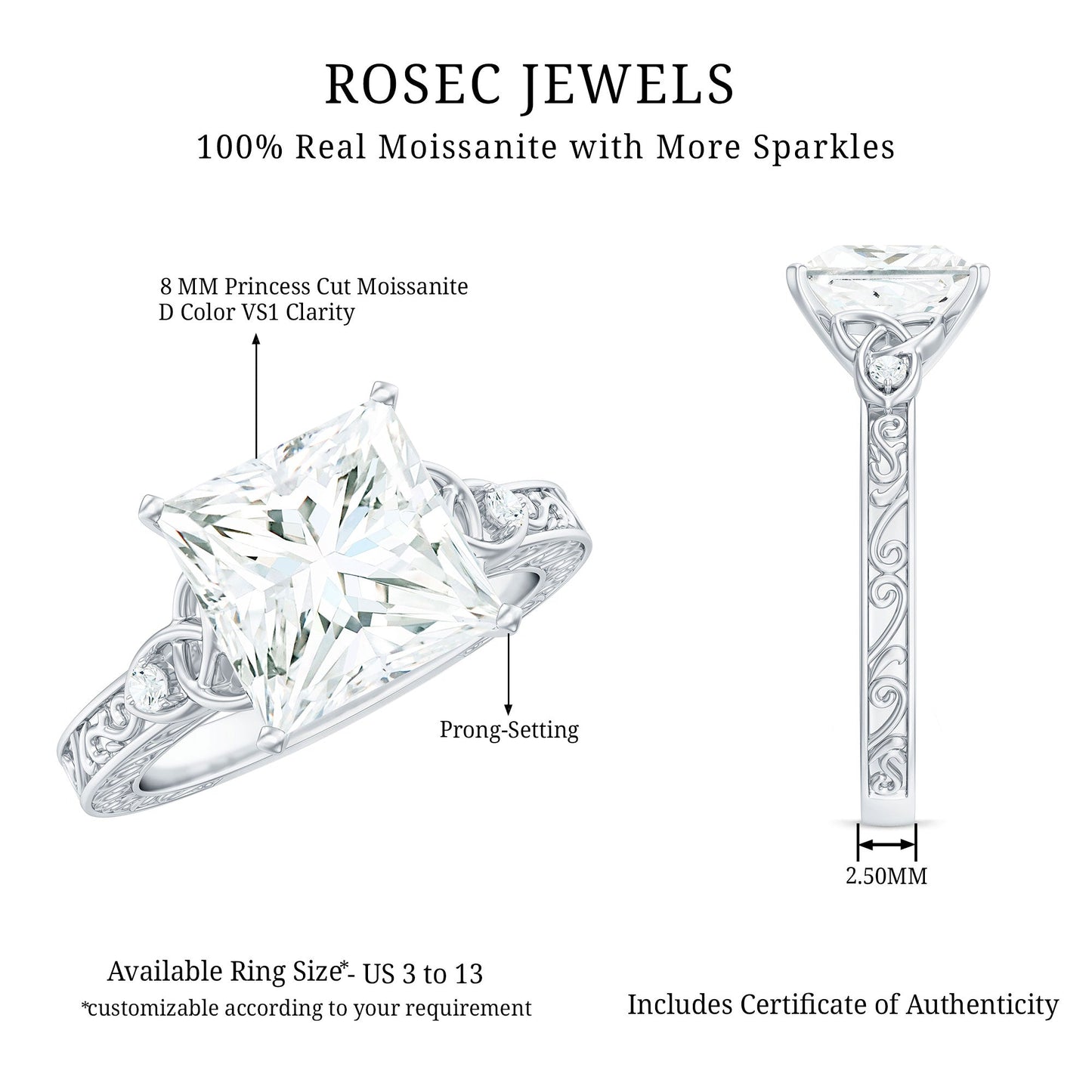 Antique Style Princess Cut Moissanite Solitaire Celtic Knot Ring in Gold