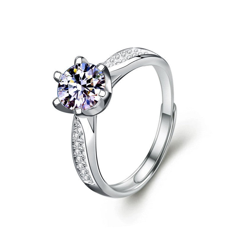 Simple Round Moissanite CZ 925 Sterling Silver Adjustable Couple Ring