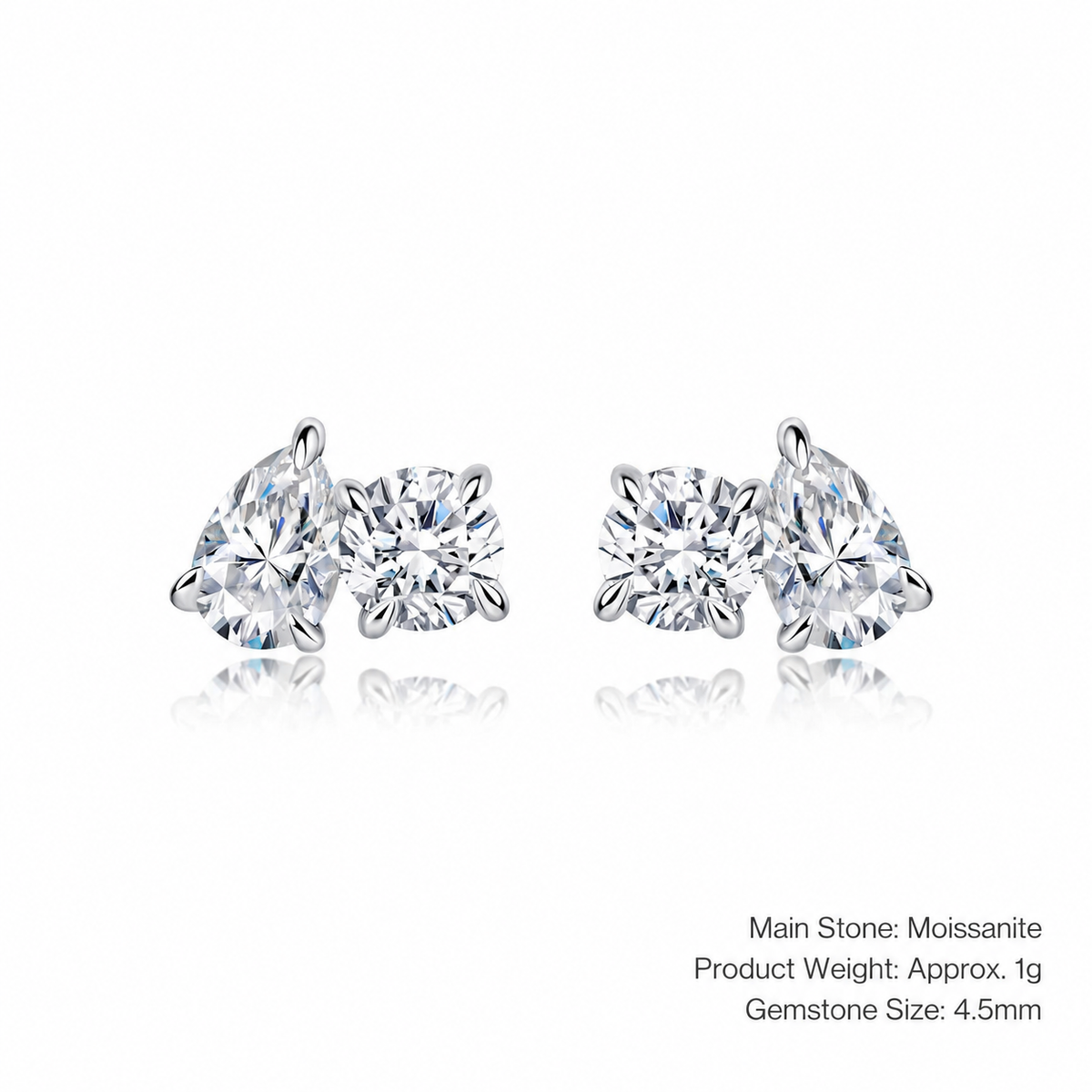 Colorless Moissanite Two Stone With Round And Pear Shape Stones In 925 Sterling Silver Stud Earrings