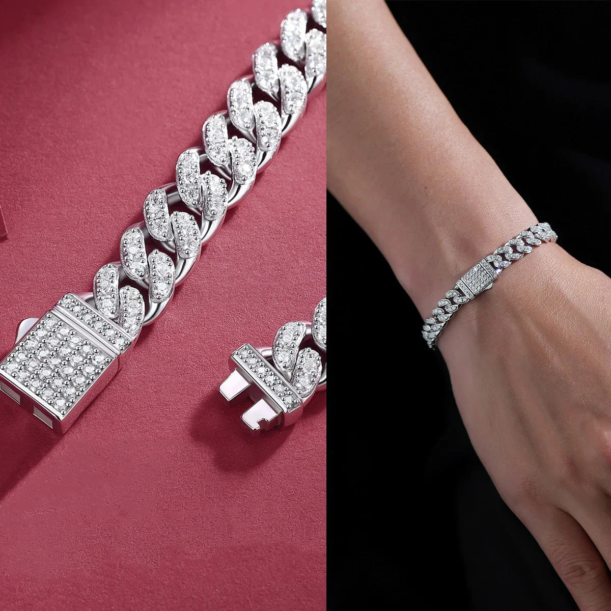 Silver chain bracelet with diamond accents on a red background, worn on a wrist.