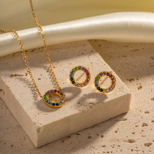 18k Gold Noble and Exquisitely Inlaid Colorful Zircon Circle Design Light Luxury Wind Earrings Necklace Set