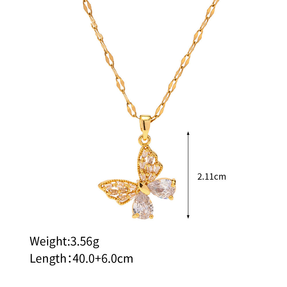 18K Gold Exquisite Dazzling Inlaid White Zircon Butterfly Design Pendant Necklace