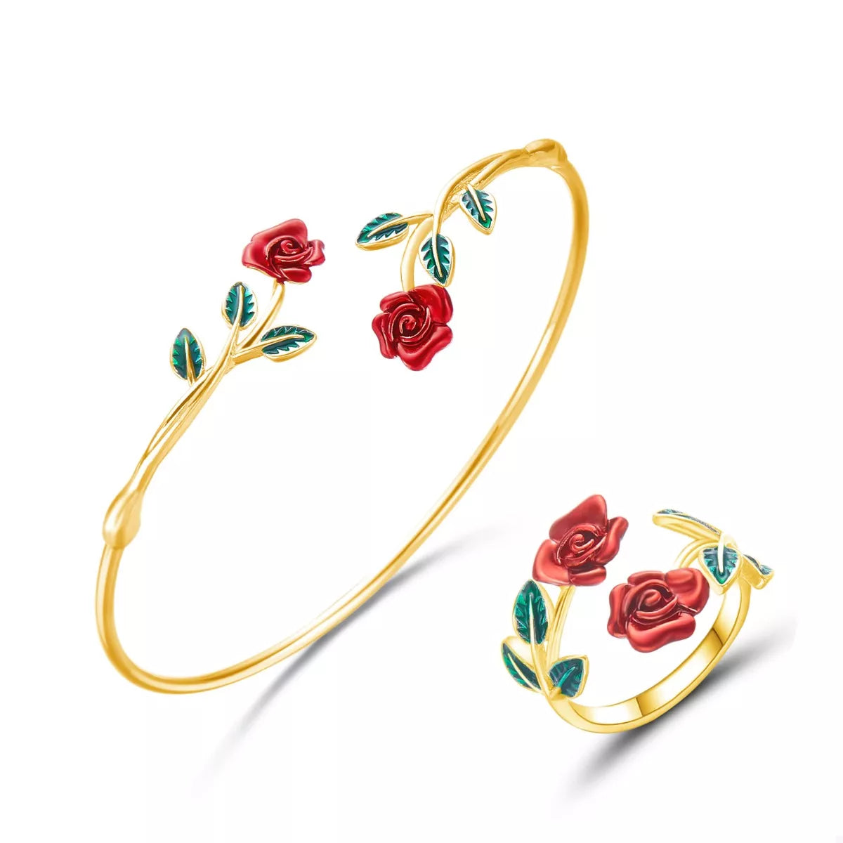 Gold bracelet with red rose designs on a white background