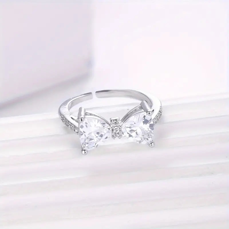 White CZ Bow-Knot Girls 925 Sterling Silver Adjustable Ring