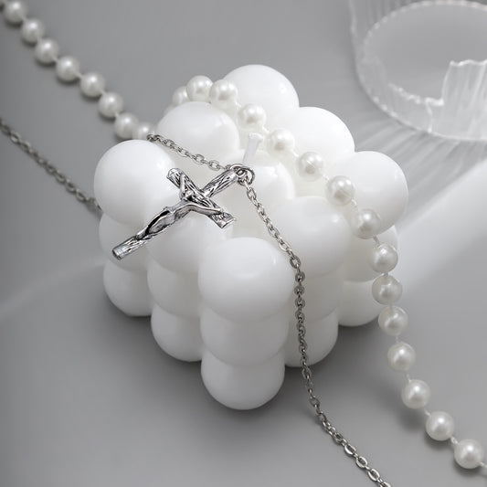 Classic simple stacked cross design with pearl all-match necklace