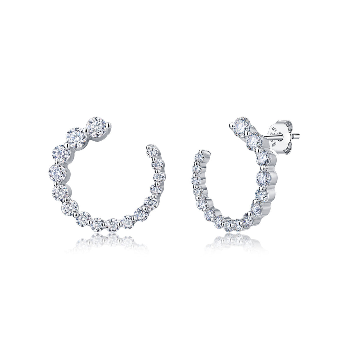 Graduated Round D Color Moissanite In 925 Sterling Silver Open Circle Half Hoop Stud Earrings