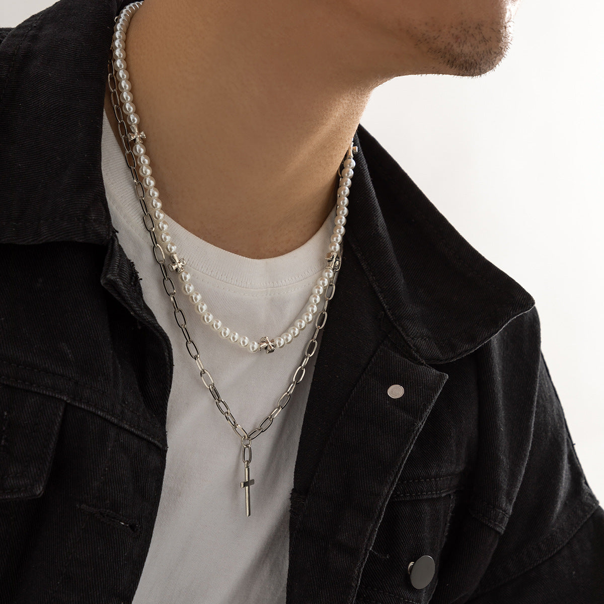 Retro Simple Pearl Stitching Cross Design Hip Hop Necklace