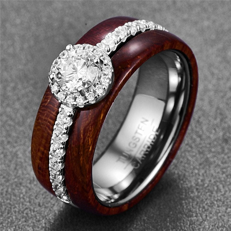 Elegant Tungsten Carbide Wooden Ring with Silver Inlaid Zircon