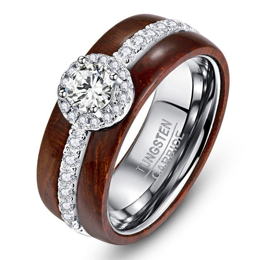 Elegant Tungsten Carbide Wooden Ring with Silver Inlaid Zircon