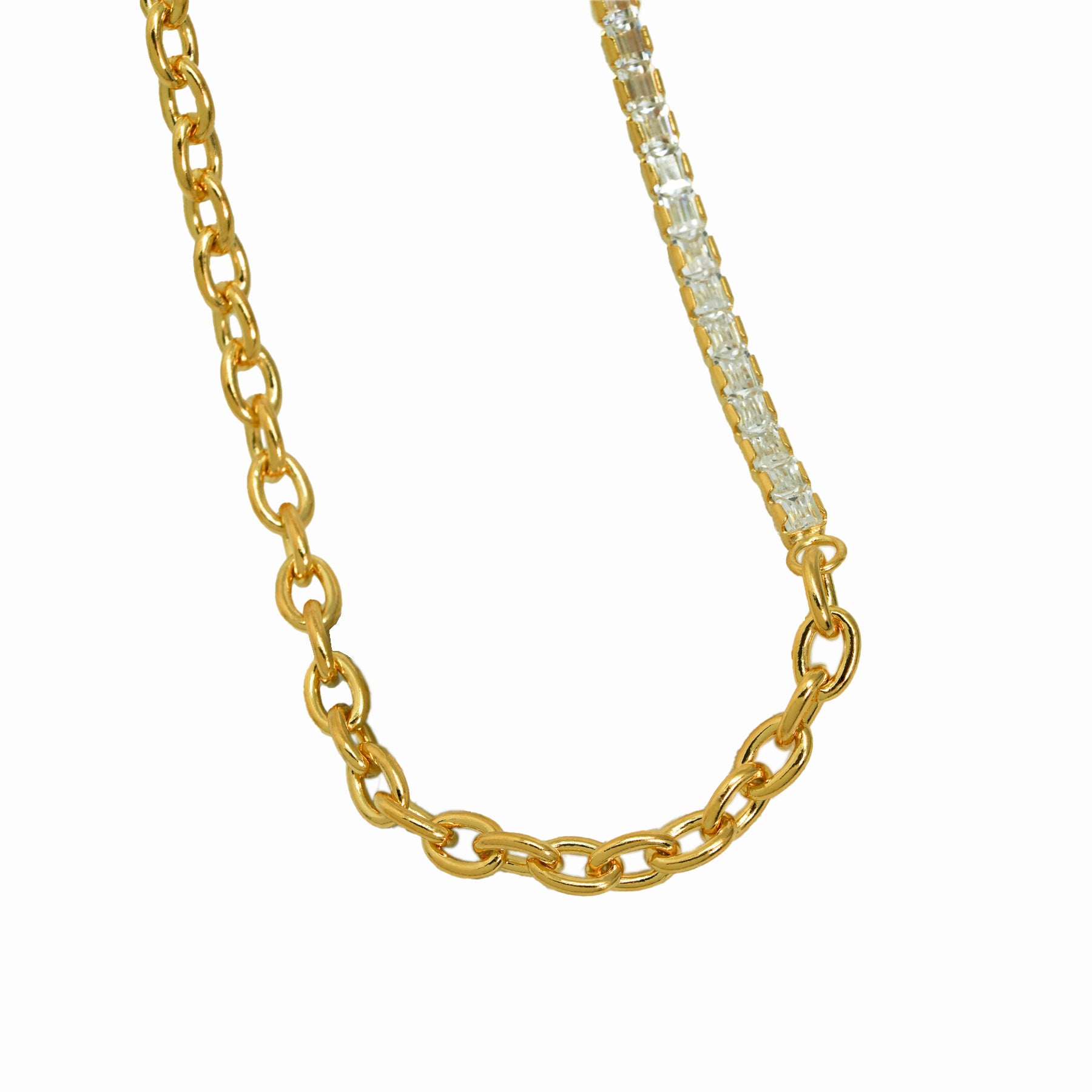Gold chain necklace with a diamond-studded bracelet on a white background
