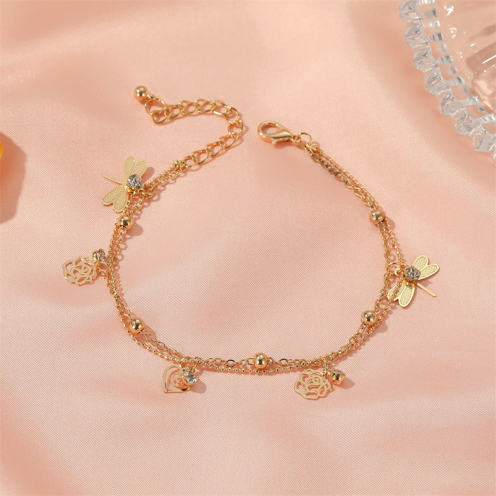 Noble temperament rose dragonfly double-layer design versatile anklet