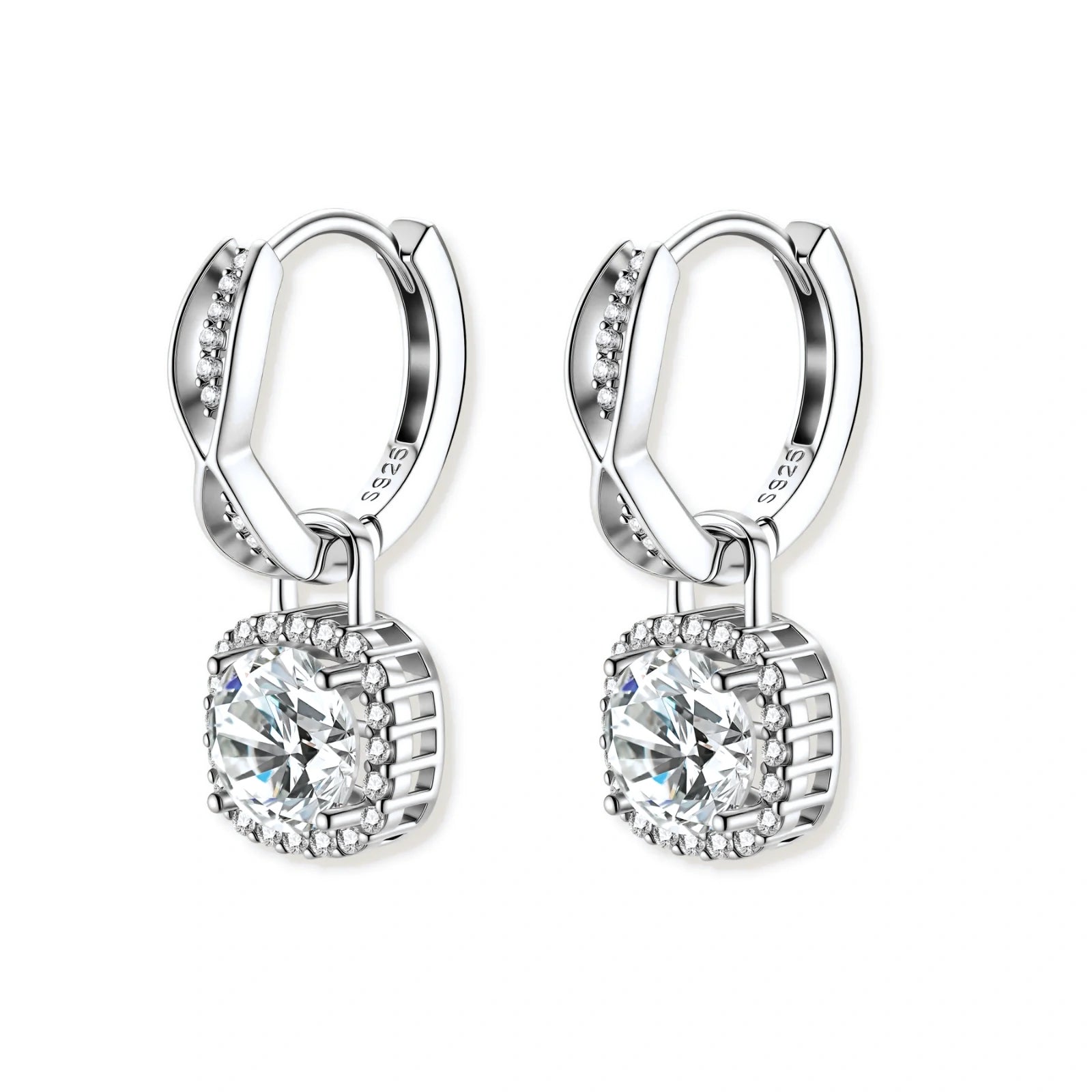 Sterling silver twisted hoop earrings with round moissanite stones in halo settings against neutral background.