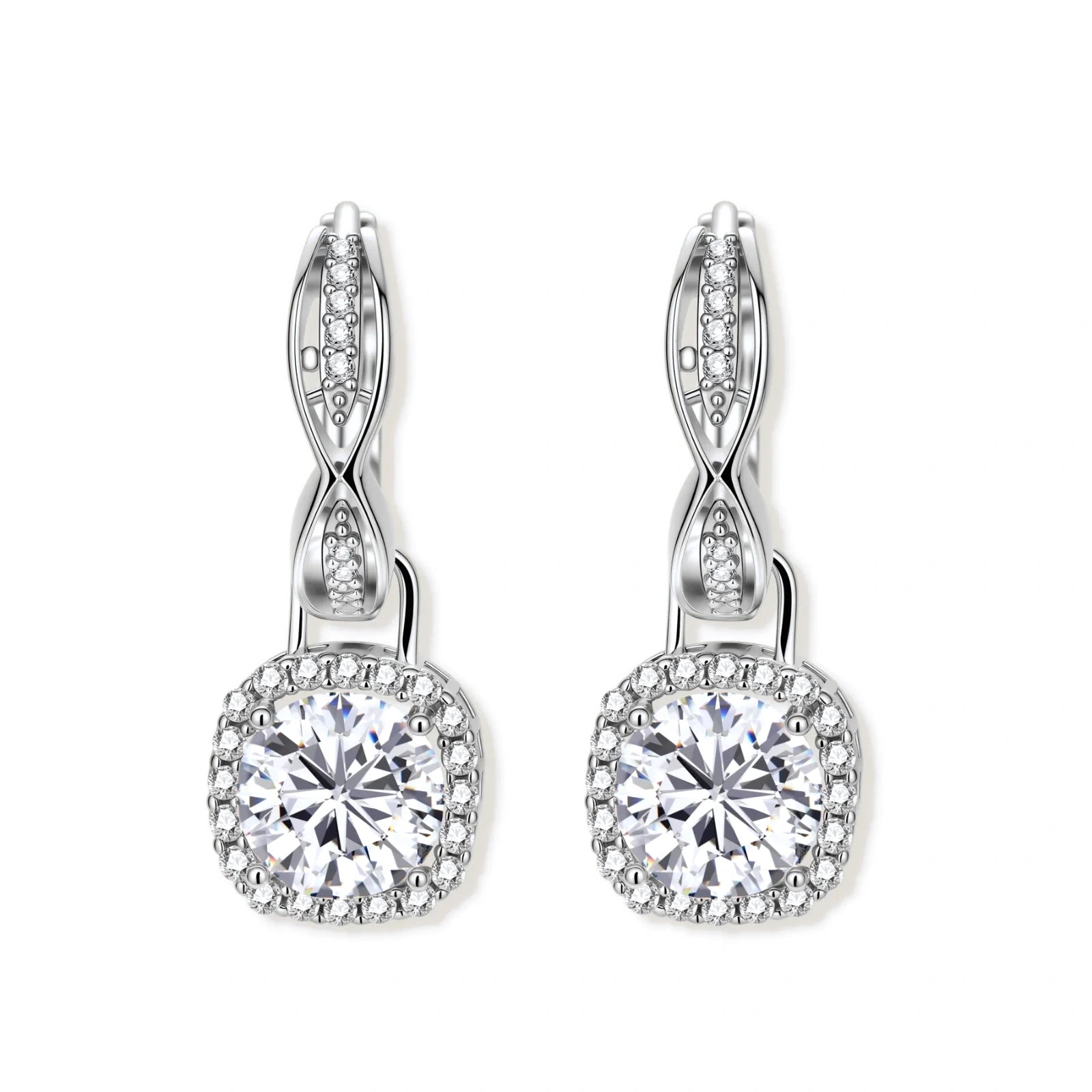 Sterling silver twisted hoop earrings with round moissanite stones in halo settings against neutral background.