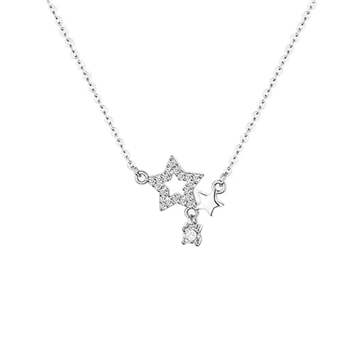 Silver necklace with star-shaped pendant on a white background