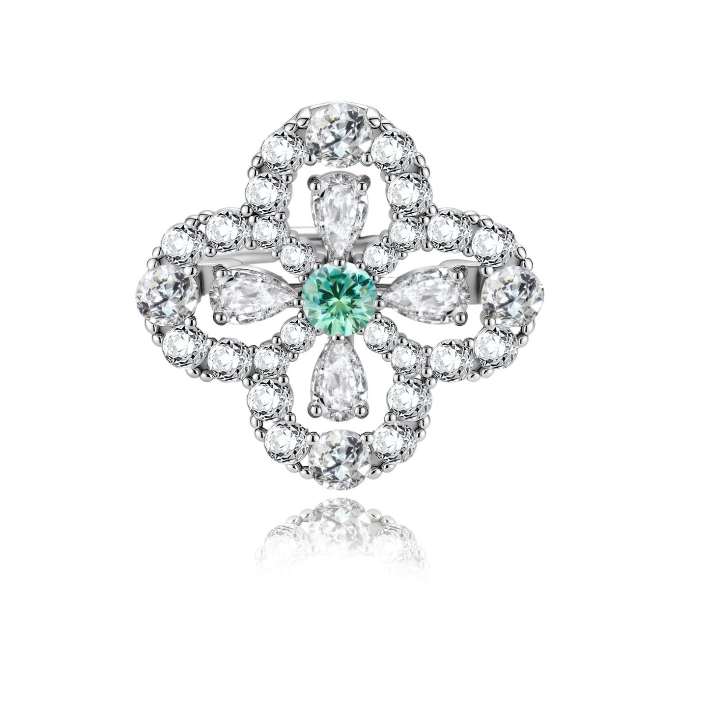 Sterling silver adjustable ring featuring four-leaf clover design with green center moissanite and clear accent stones
