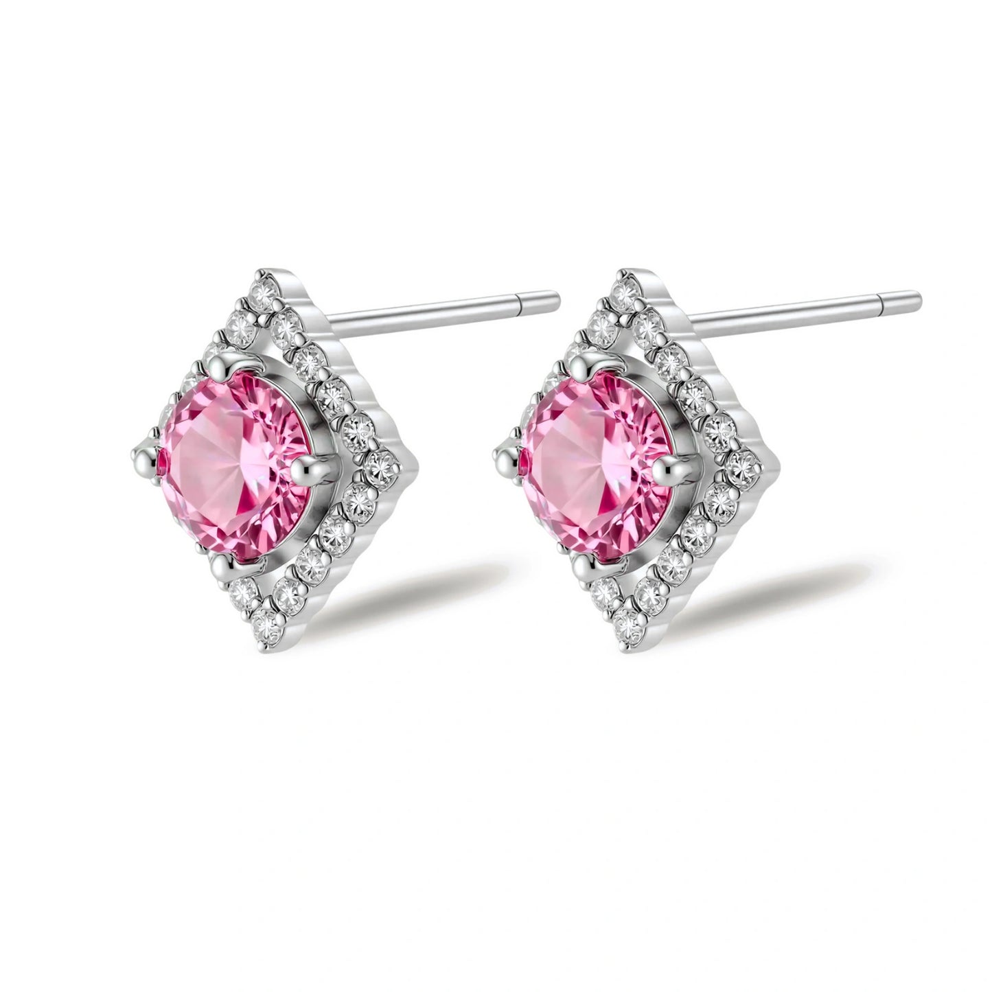 Sterling silver diamond-shaped stud earrings with pink moissanite center stones and crystal halo setting on white background