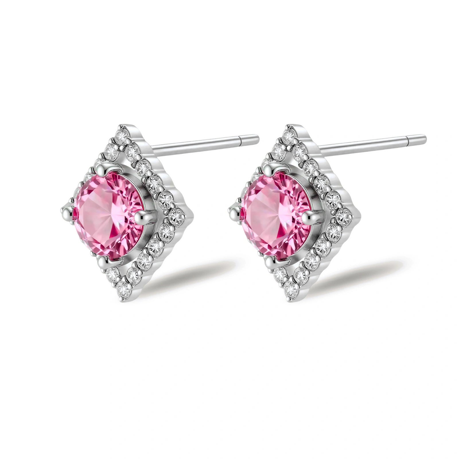 Sterling silver diamond-shaped stud earrings with pink moissanite center stones and crystal halo setting on white background