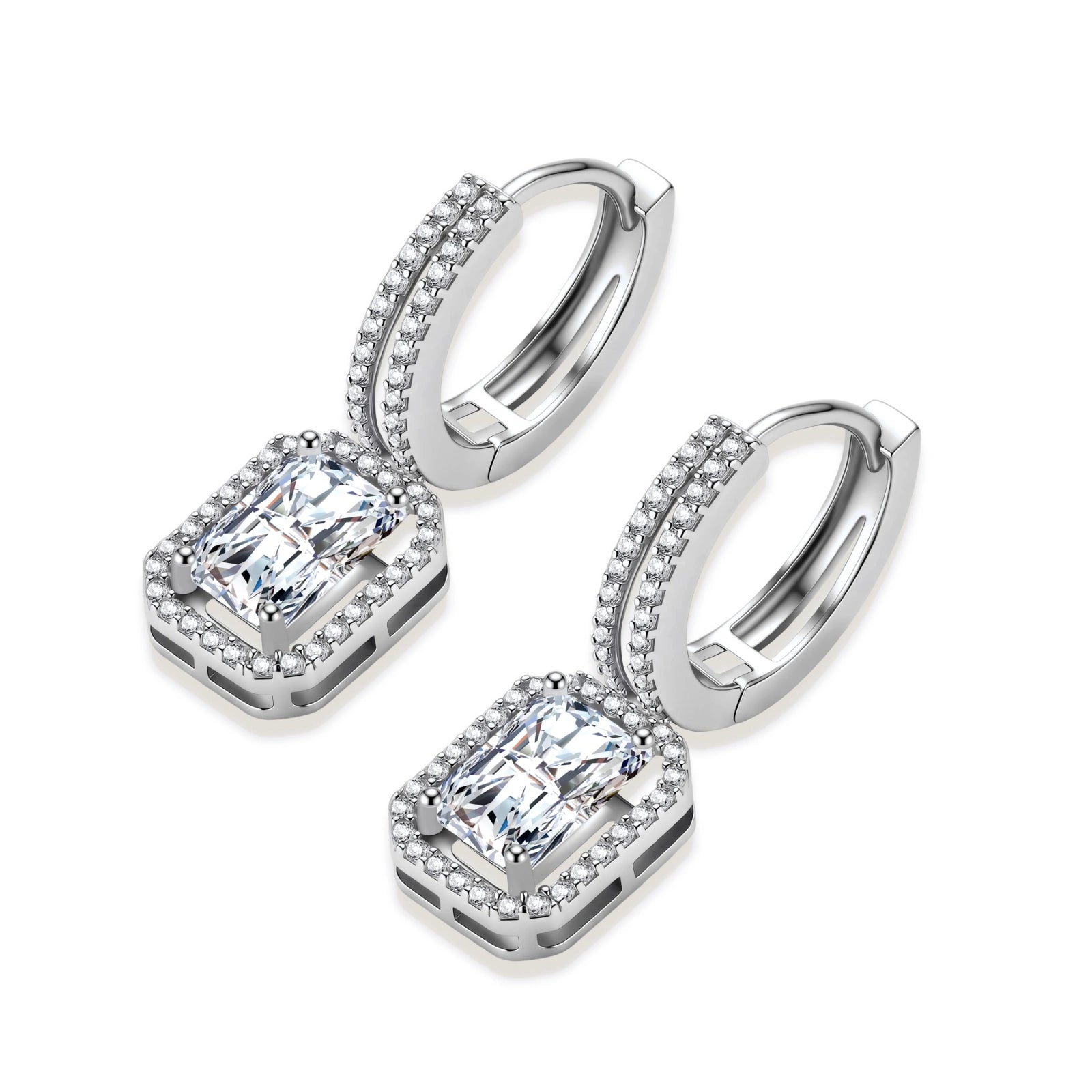 Sterling silver huggie hoops with emerald-cut moissanite drops featuring pavé-set crystals on white background.