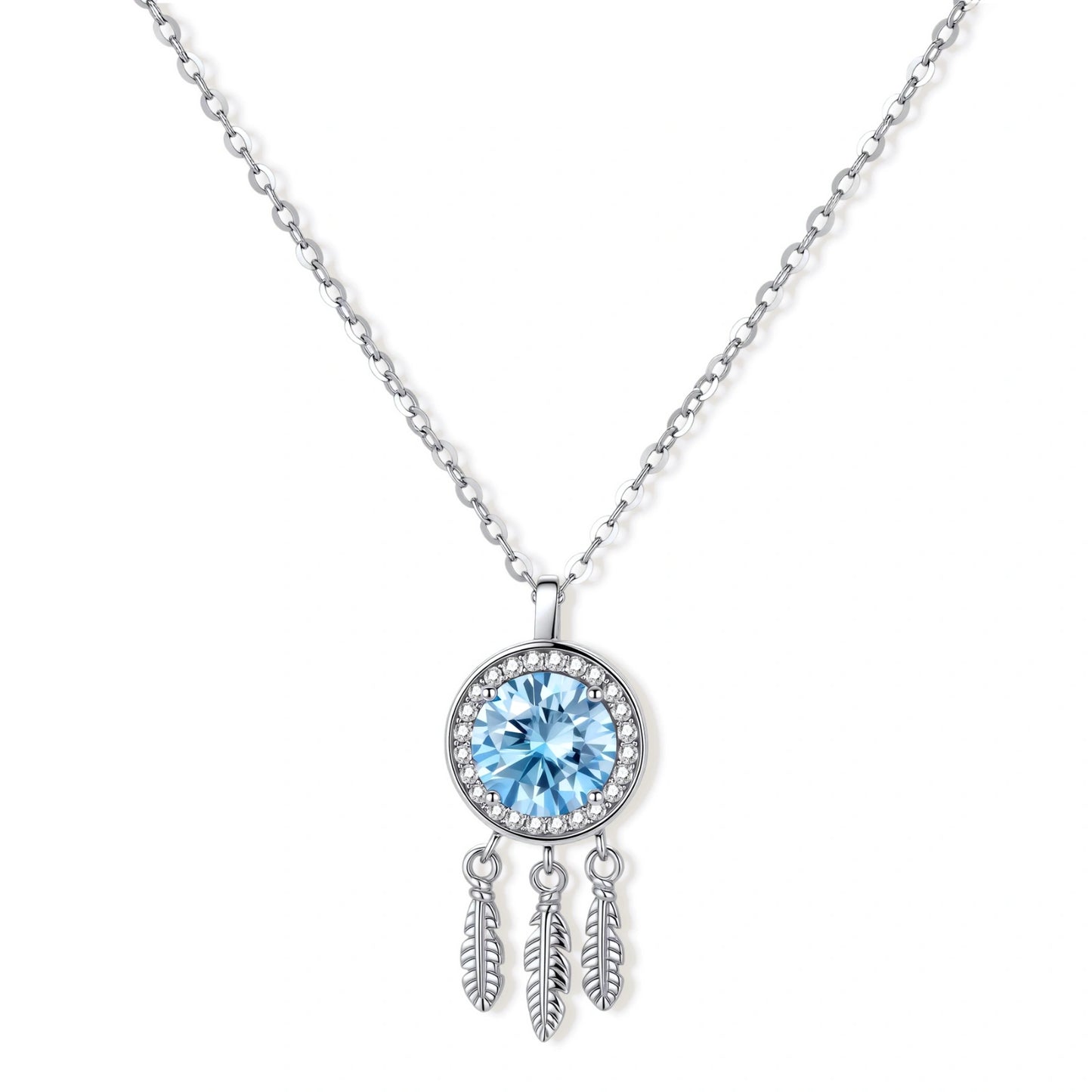 Sterling silver dreamcatcher pendant with blue moissanite center and three feather charms on adjustable chain.