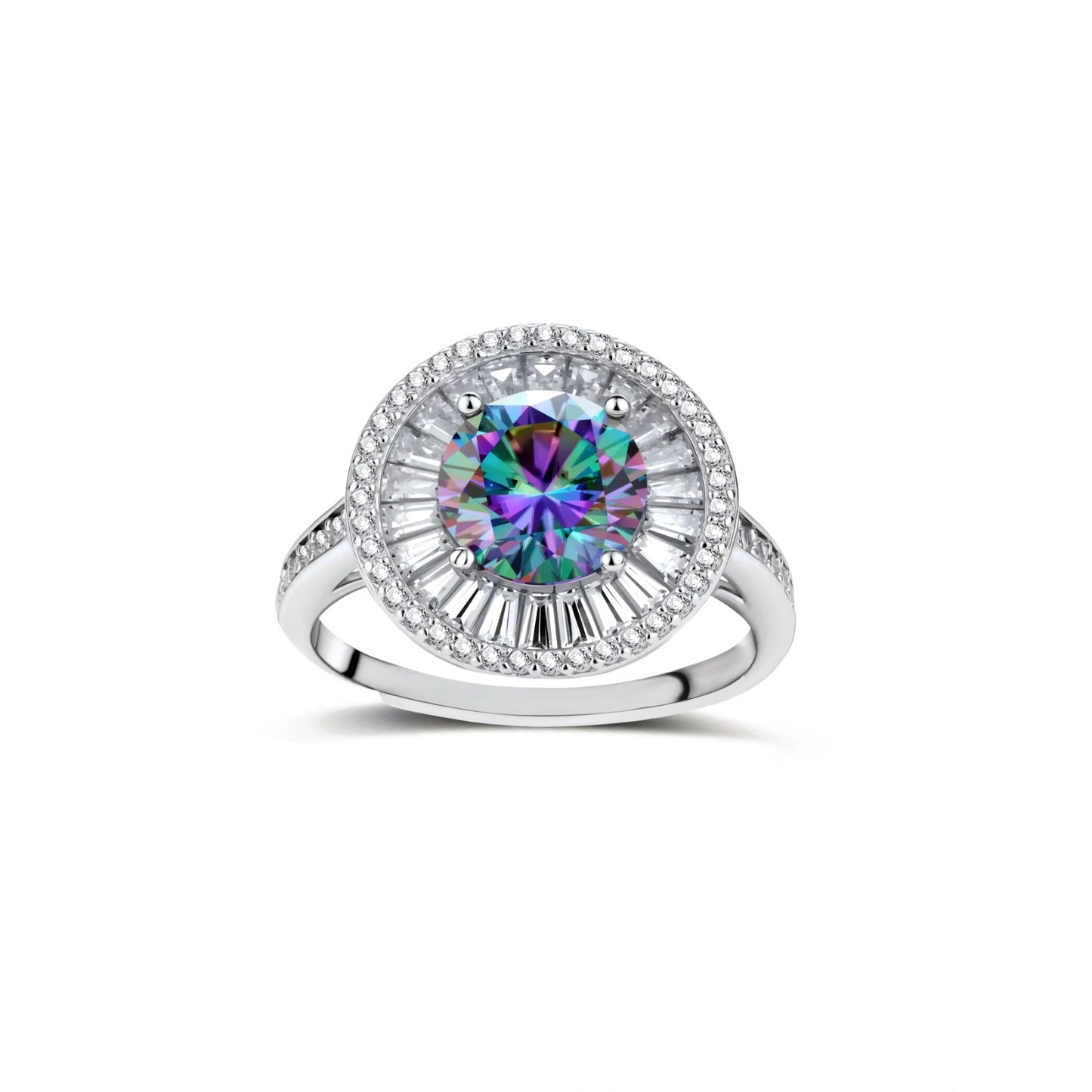 Close-up of sterling silver halo ring with round rainbow moissanite center stone surrounded by baguette-cut stones