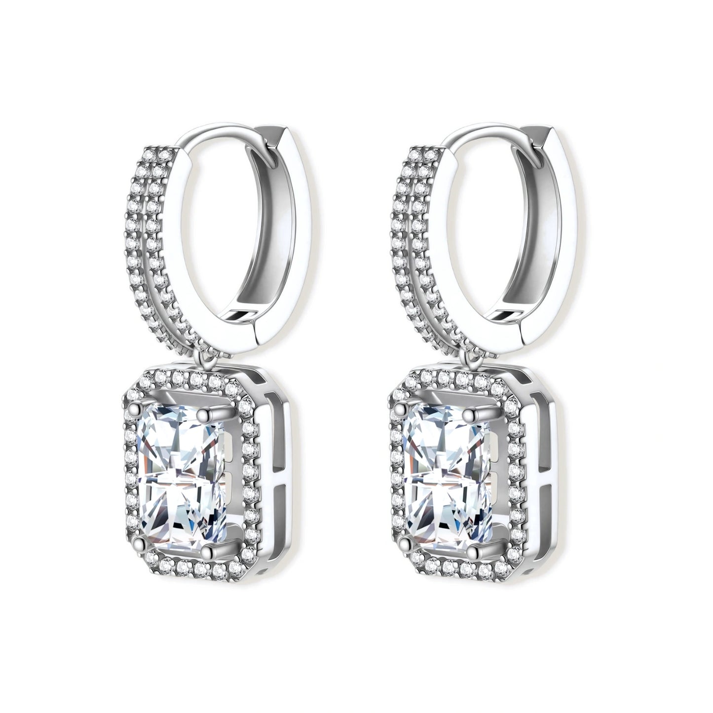 Sterling silver huggie hoops with emerald-cut moissanite drops featuring pavé-set crystals on white background.