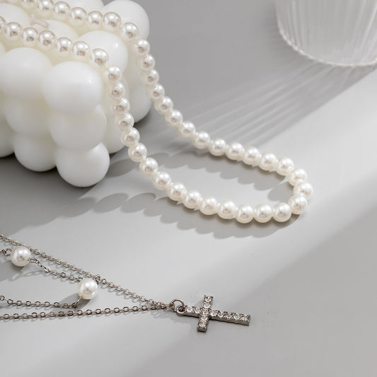 Fashionable and simple multi-layered cross with pearl hip-hop pendant necklace