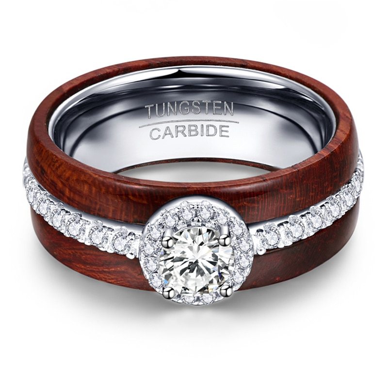 Elegant Tungsten Carbide Wooden Ring with Silver Inlaid Zircon