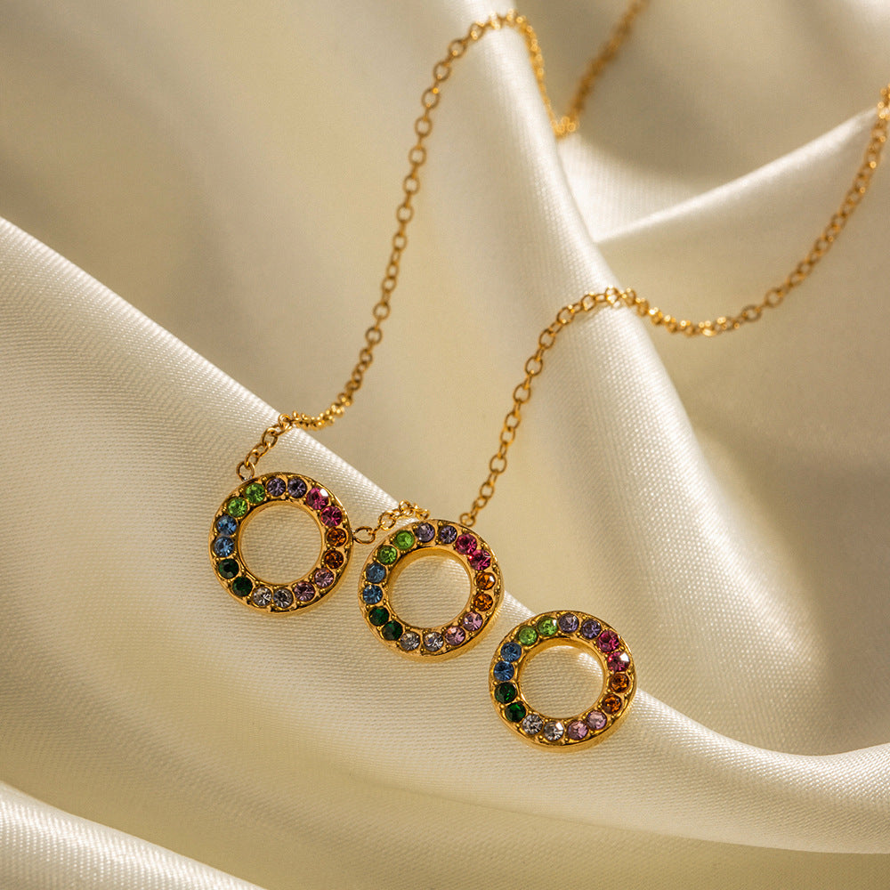 18k Gold Noble and Exquisitely Inlaid Colorful Zircon Circle Design Light Luxury Wind Earrings Necklace Set