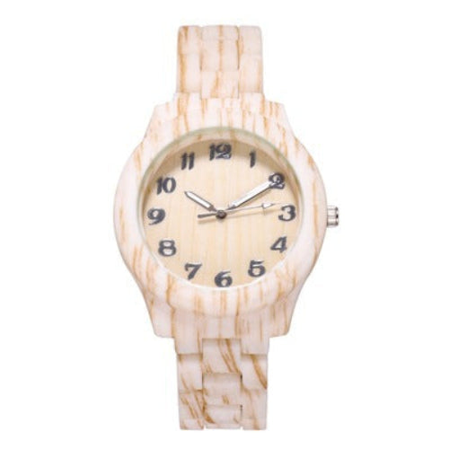 Wooden wristwatch with a beige strap on a white background