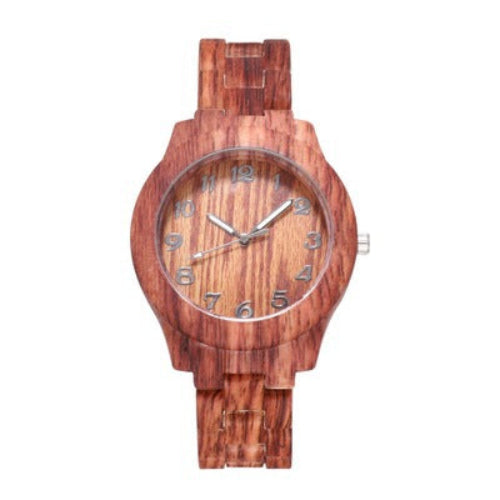 Wooden wristwatch with a white face on a white background