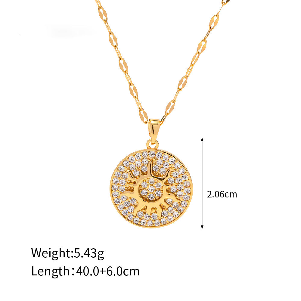 18K Gold Exquisite Simple Inlaid White Zircon Sun Disc Design Pendant Necklace