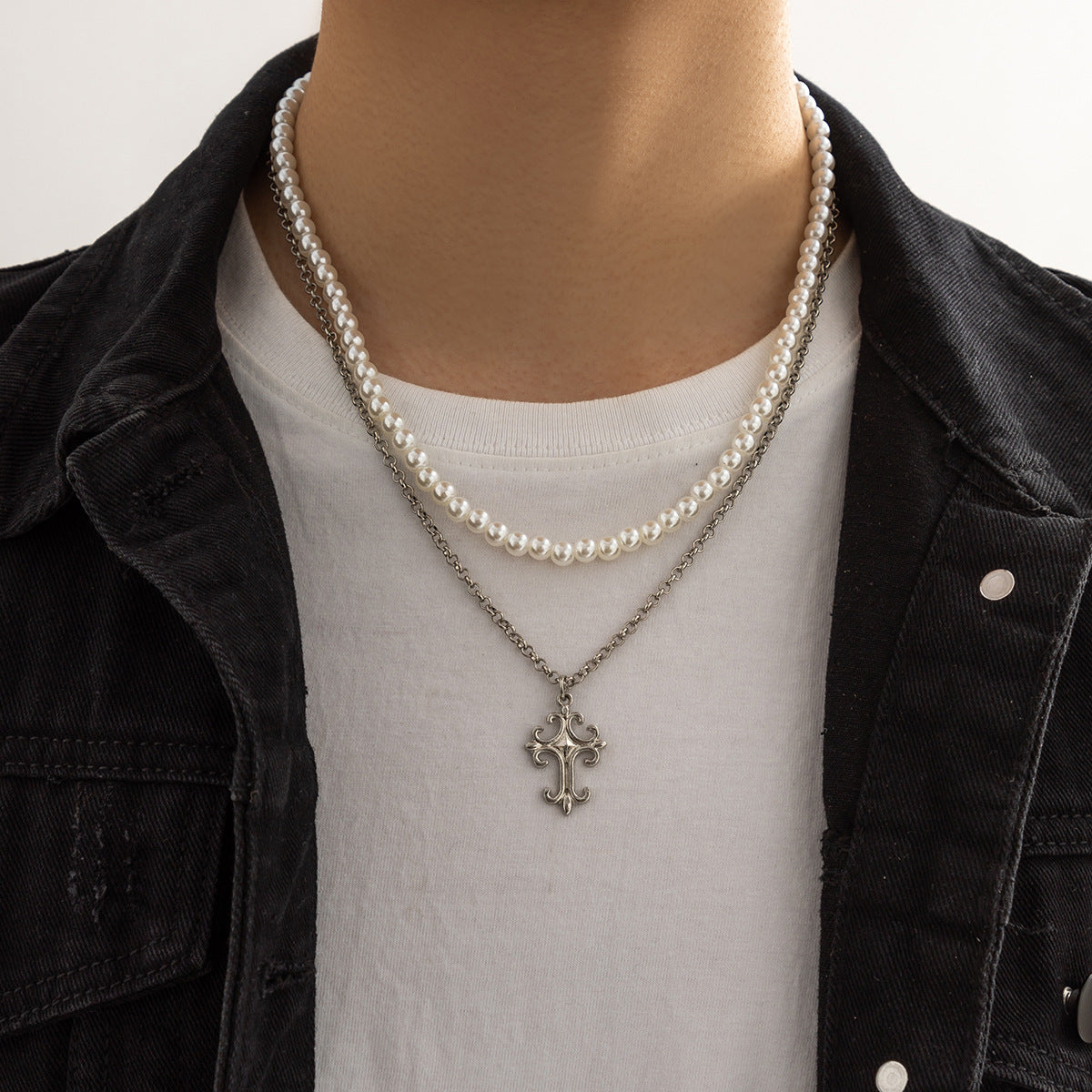 Simple fashion double layer pearl with cross design versatile pendant necklace