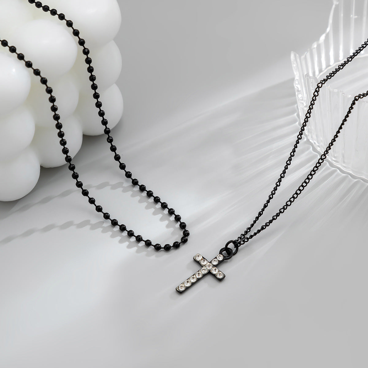 Retro light luxury double layered cross geometric diamond all-match pendant necklace