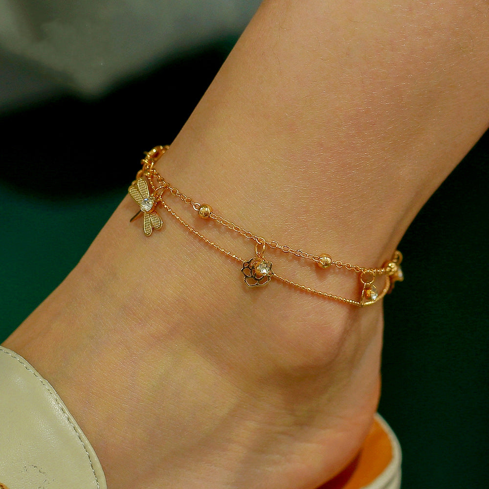 Noble temperament rose dragonfly double-layer design versatile anklet