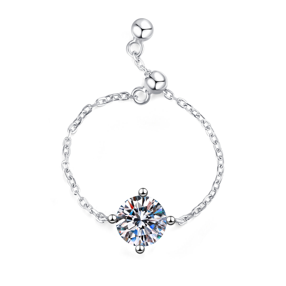 A delicate silver chain bracelet featuring a large, round, iridescent clear gemstone in a four-prong setting, complete with an adjustable lobster clasp.