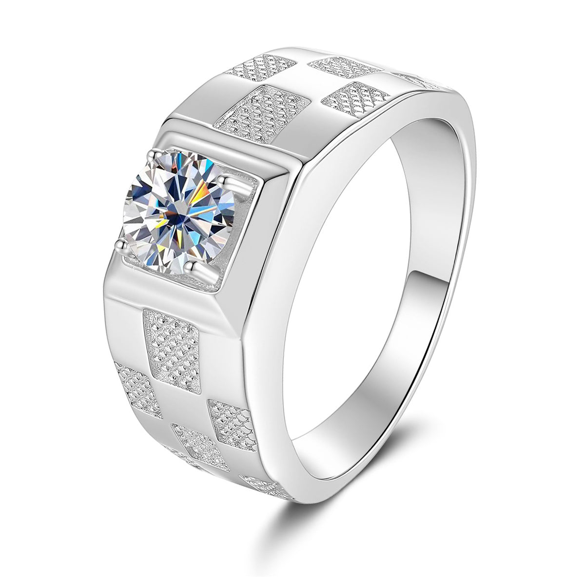 A silver-toned men's ring featuring a large square-cut clear gemstone in a bezel setting, with textured and diamond-patterned bands, shown on a white background.