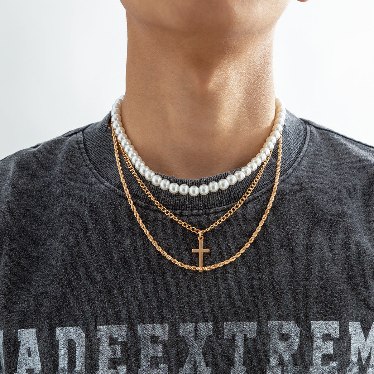 Classic Simple Hip-Hop Style Pearl Cross Three-Layer Stacked Versatile Necklace