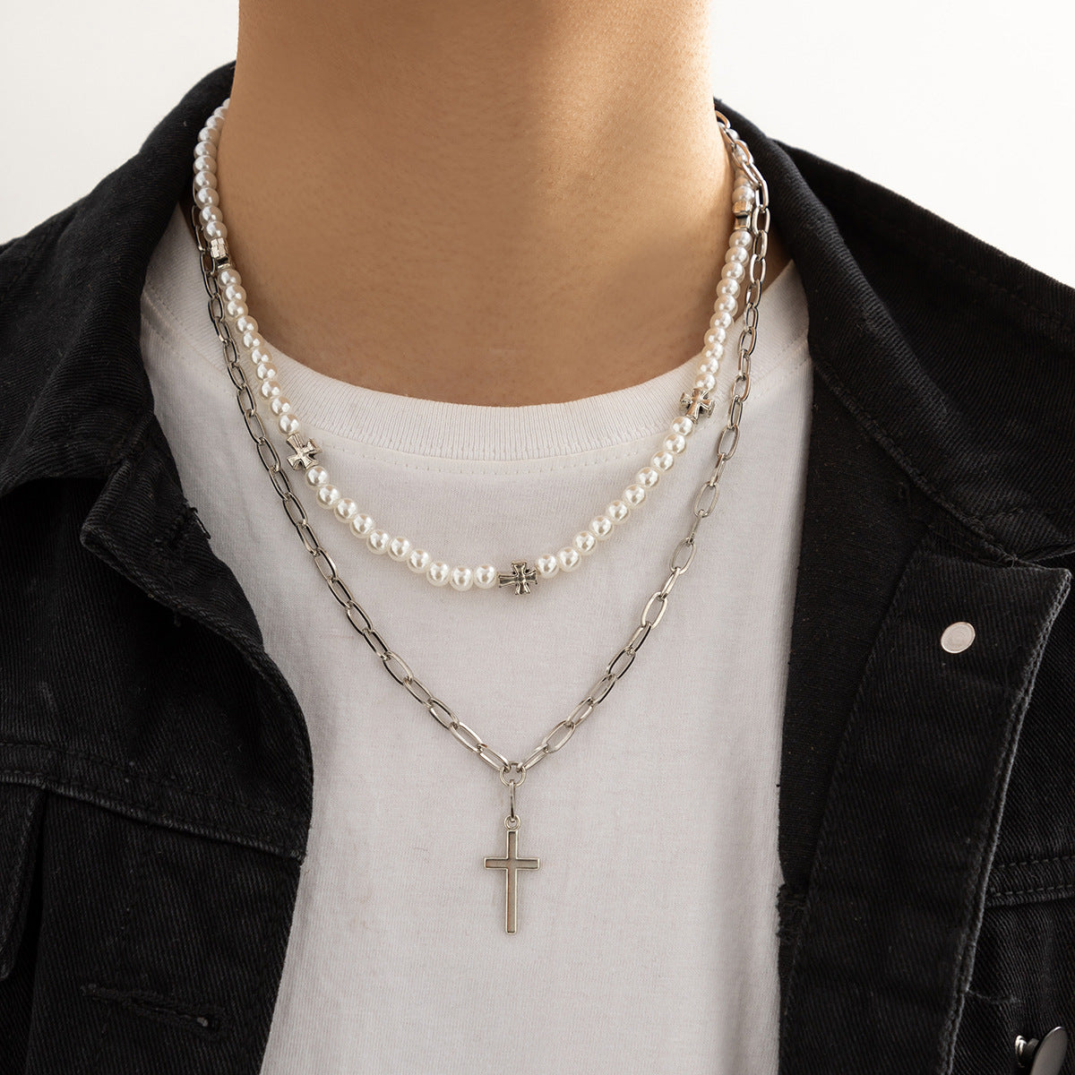 Retro Simple Pearl Stitching Cross Design Hip Hop Necklace