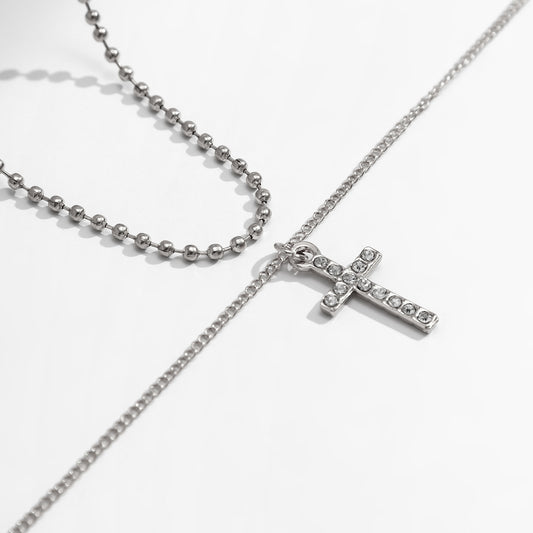 Retro light luxury double layered cross geometric diamond all-match pendant necklace