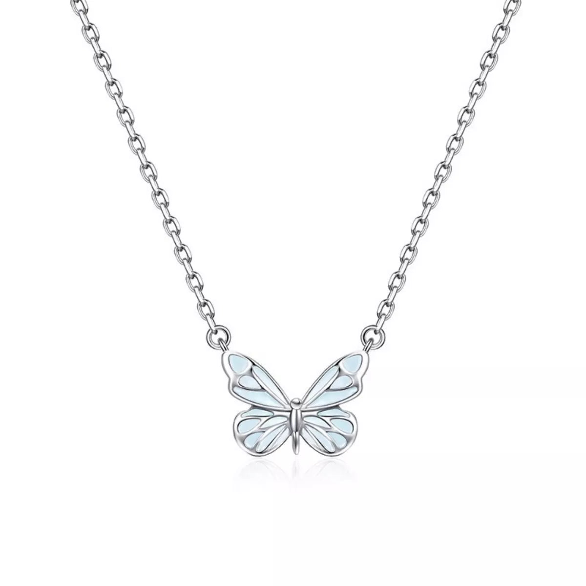 Butterfly-shaped pendant on a chain against a white background