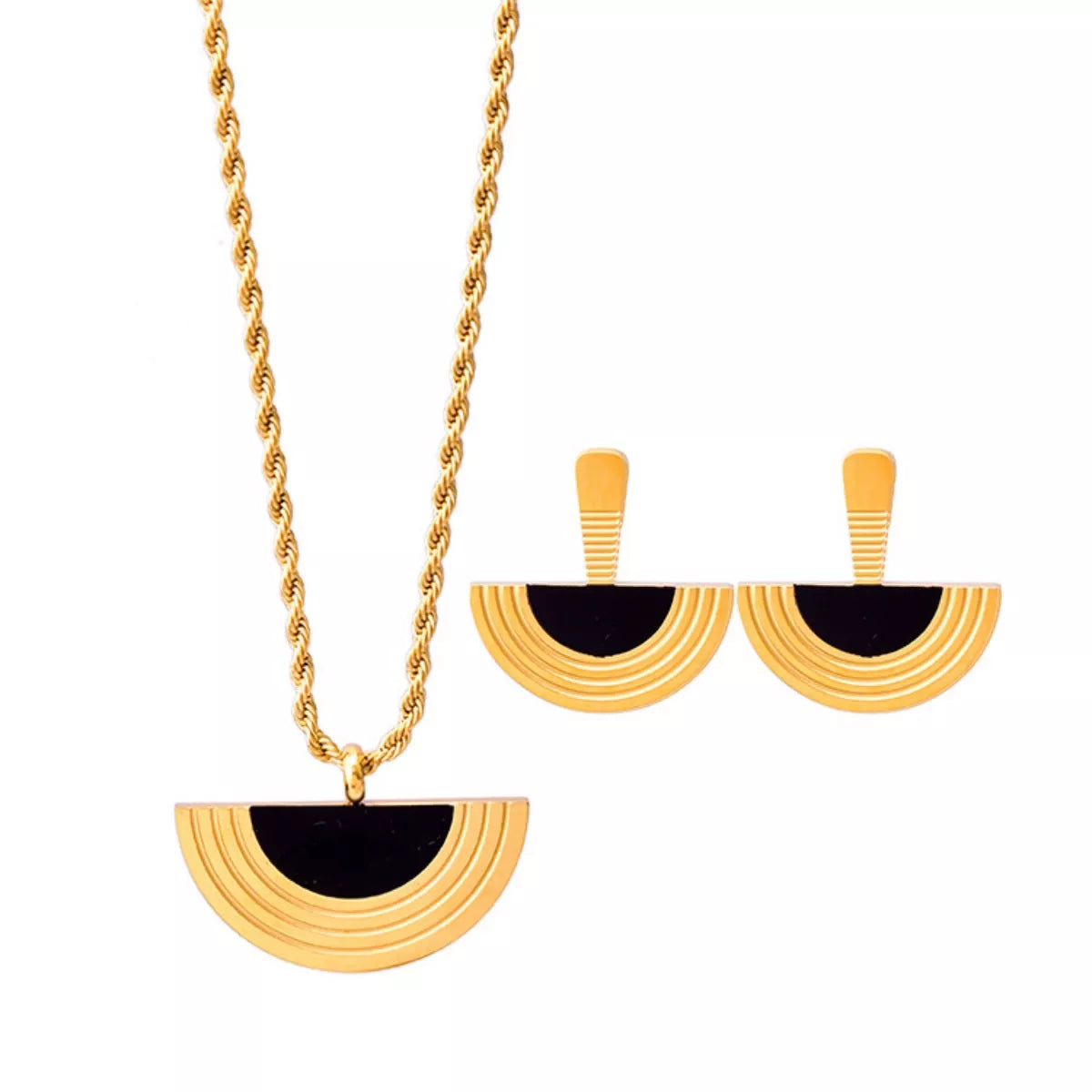 Gold necklace and earrings with black half-circle designs on a white background