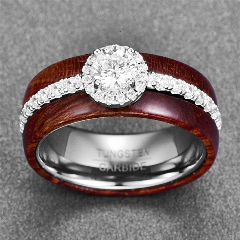 Elegant Tungsten Carbide Wooden Ring with Silver Inlaid Zircon