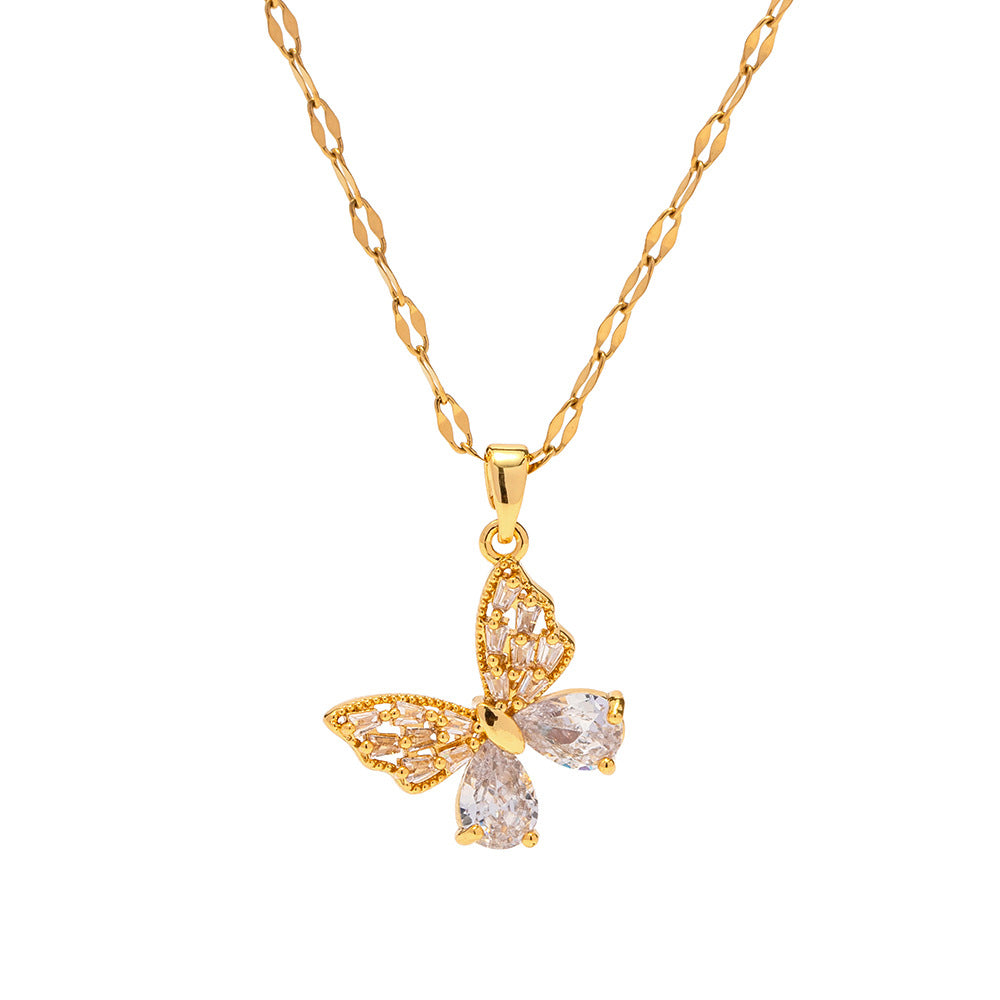 18K Gold Exquisite Dazzling Inlaid White Zircon Butterfly Design Pendant Necklace