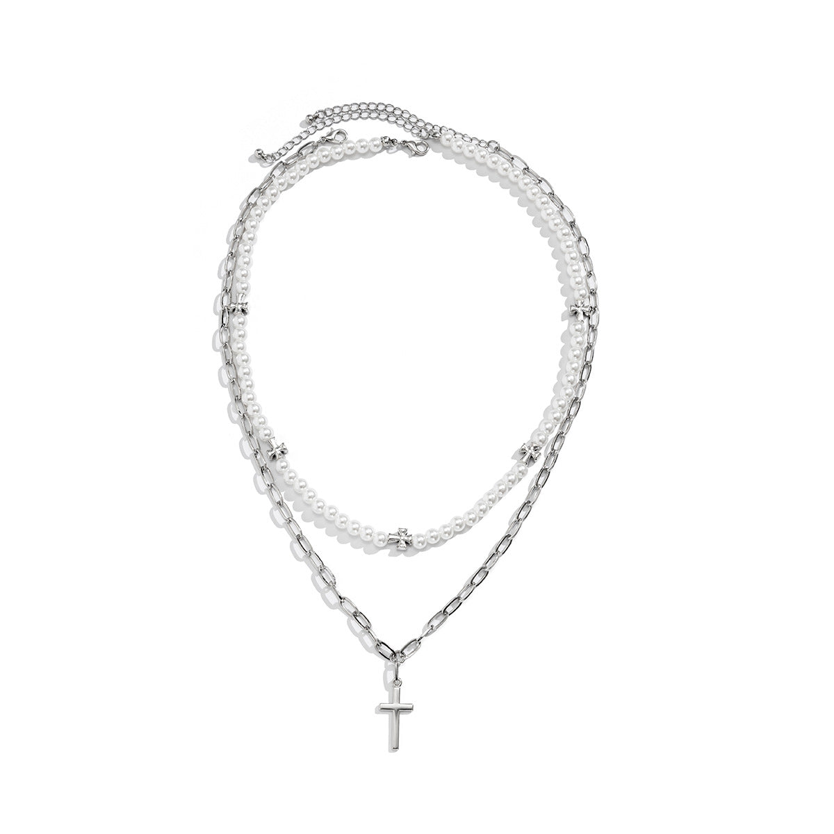 Retro Simple Pearl Stitching Cross Design Hip Hop Necklace