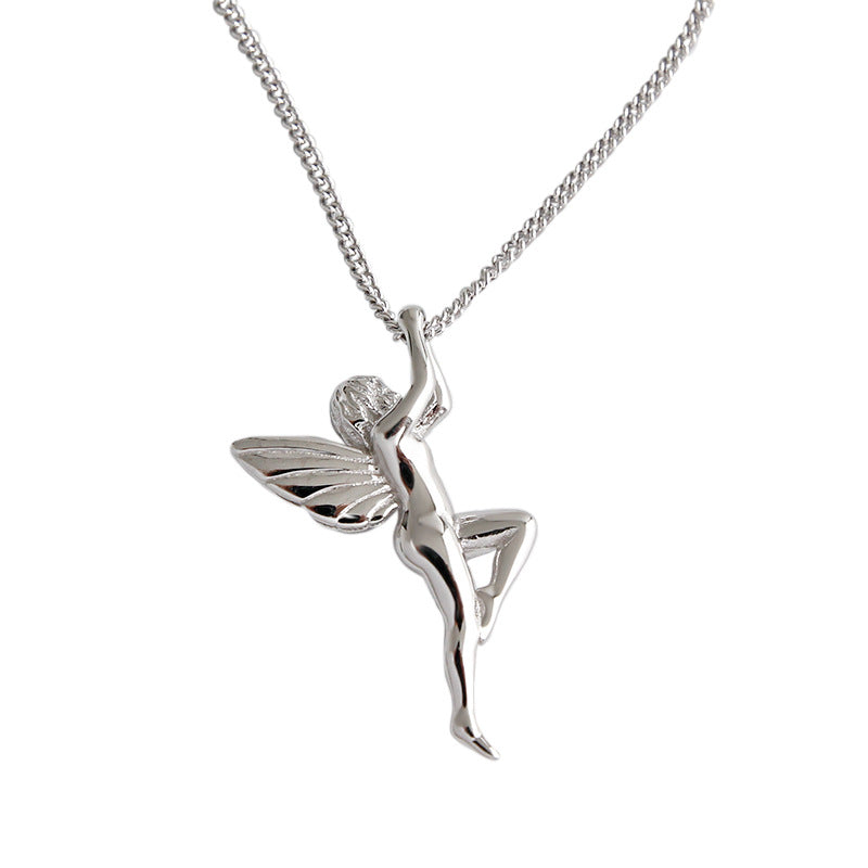 Silver fairy pendant necklace on a white background
