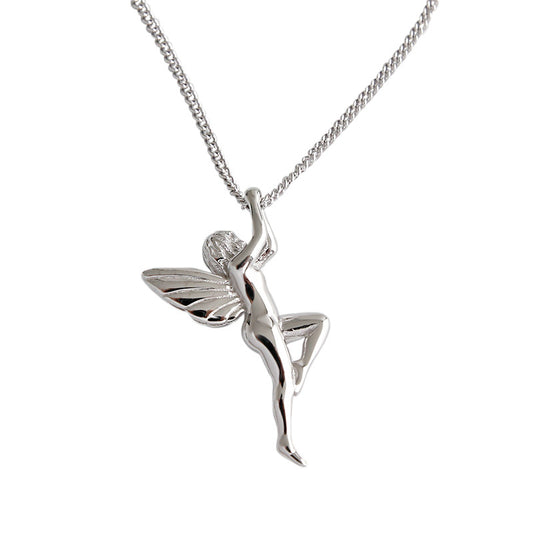 Silver fairy pendant necklace on a white background